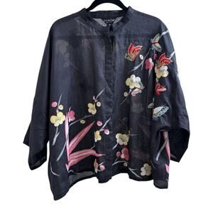 Citron Santa Monica Blouse Ramie Floral Butterfly Embroidered Size 2X